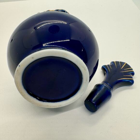 Decorative Perfume Bottle w/ Stopper Rose Flower Cobalt Blue Gold Ruffle Trim - Picture 6 of 10